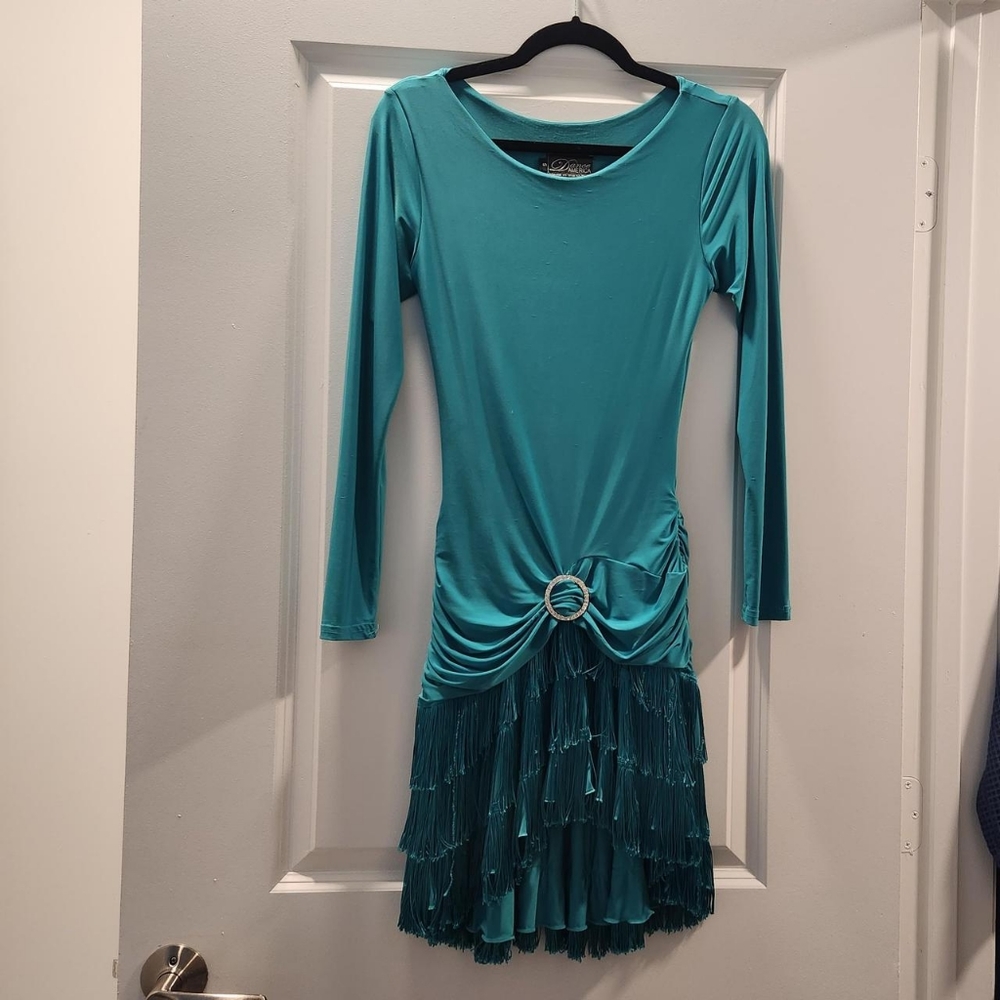 Teal long sleeve ballroom dance dress from Dance America